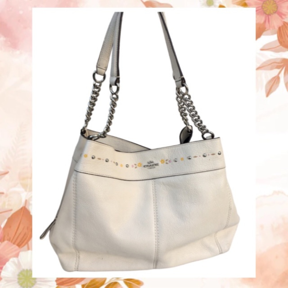 Coach Lexy Floral Pebble Leather Chain Shoulder Bag Purse Cream Flowers Large